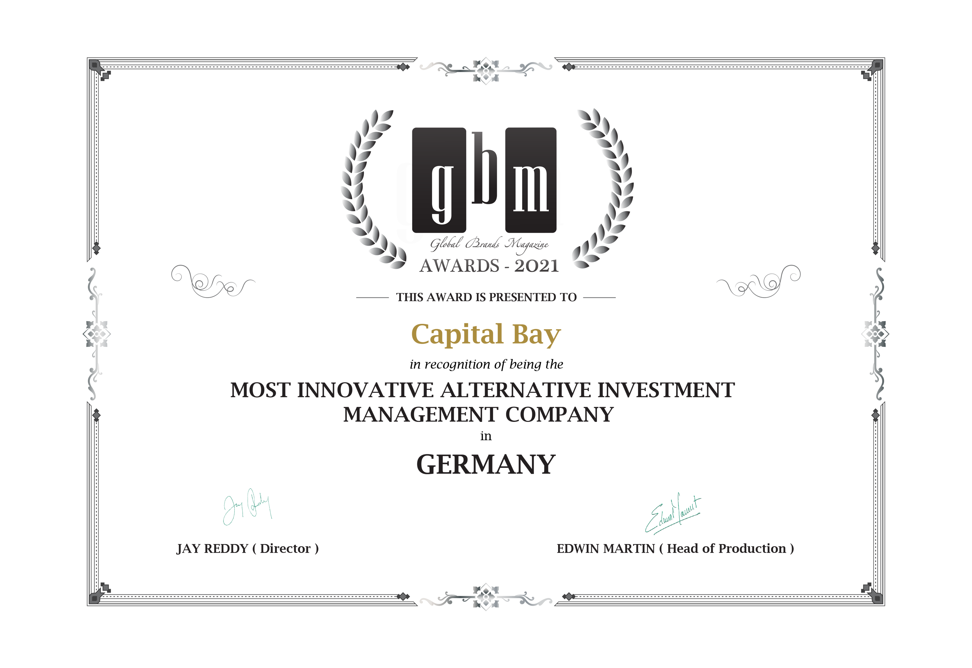 Capital Bay gewinnt Award als Most Innovative Alternative Investment Management Company 